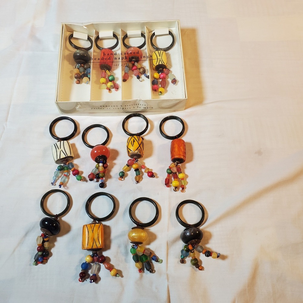 Pier 1 Hand Carved beaded napkin rings Set‎ Of 12 ( 4 NIB, 8 Used ) Fall Colors
